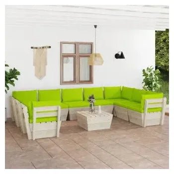 Juego de muebles de 10 piezas para jardín de palets de madera y cojines en color verde de vidaXL 2