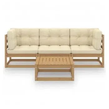 Conjunto de sillones y mesa de jardín de TRES plazas con cojines de madera maciza de pino crema de vidaXL 2