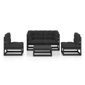 Set de muebles de jardín de 5 piezas de madera de pino negro con cojines de color antracita de vidaXL 2