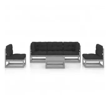 Conjunto para jardín de 6 piezas de mesa con sofás de madera de pino gris y cojines color gris de vidaXL 3