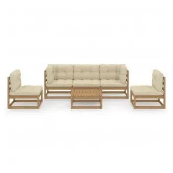 Conjunto de jardín de 6 piezas de mesa con sofás de pino marrón miel y cojines crema de vidaXL 3