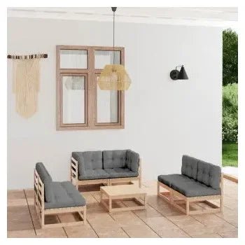 Conjunto de muebles de exterior de 7 piezas de madera de pino con cojines color gris de vidaXL 2