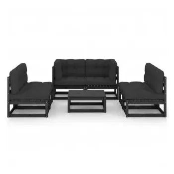Conjunto de jardín de sofá modular de 4 plazas y mesa de centro de madera de pino negro con cojines de vidaXL 3