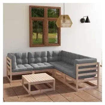 Conjunto de jardín de 6 piezas de mesa con sofás de madera de pino y cojines color gris de vidaXL 2