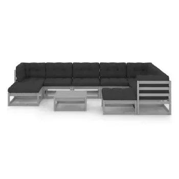 Set de muebles para jardín de 10 piezas con cojines fabricado en madera pino y tela de color gris de vidaXL 2