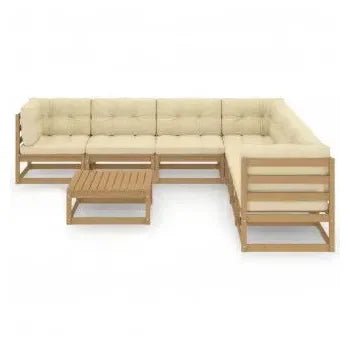 Conjunto sofás con cojines y mesa de jardín de madera con acabado crema y marrón de vidaXL 2