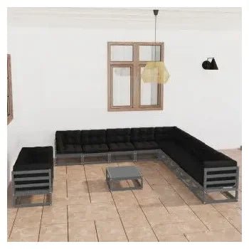 Juego de sofás con cojines y mesa para jardín de madera maciza de pino gris de vidaXL 2