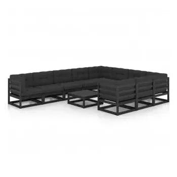 Juego de muebles de jardín 11 piezas de madera maciza de pino Negra con cojines de vidaXL 3