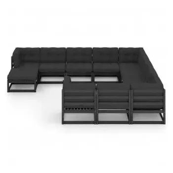 Set de muebles de jardín con 12 piezas y cojines fabricados en pino macizo negro de vidaXL 2