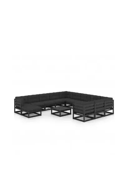 Set muebles de jardín 13 piezas con cojines fabricados en pino de color negro de vidaXL