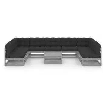 Conjunto de muebles de jardín 10 piezas en madera con cojines en acabado gris de vidaXL 3