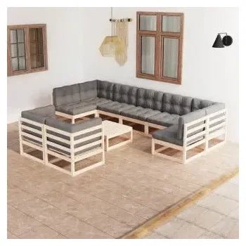 Conjunto de jardín de 9 sofás con cojines y mesa de madera de pino natural y gris de vidaXL 2