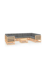 Conjunto de jardim com 9 sofás de madeira com almofadas e uma mesa cor natural e cinzenta da vidaXL