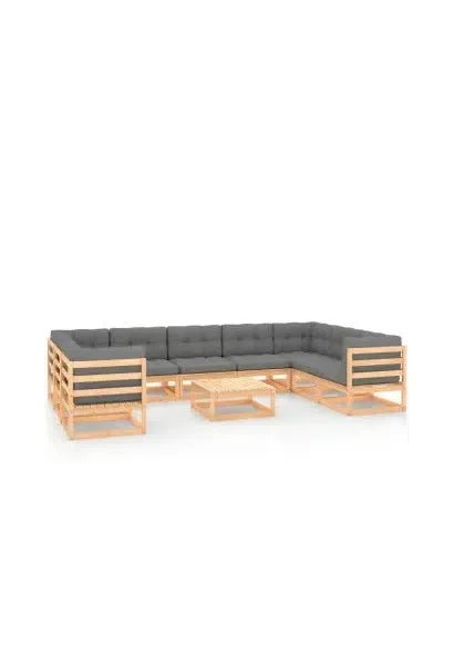 Conjunto de jardín con 9 sofás de madera con cojines y una mesa color natural y gris de vidaXL