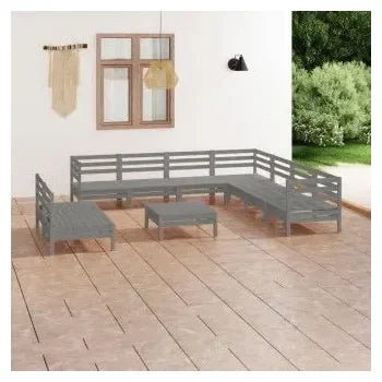 Conjunto de jardín con 10 piezas de mesa y sofás en madera de pino color gris de vidaXL 2