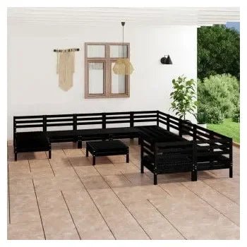 Conjunto mobiliario de 12 piezas de exterior fabricado en madera de pino maciza con acabado en negro de vidaXL 2