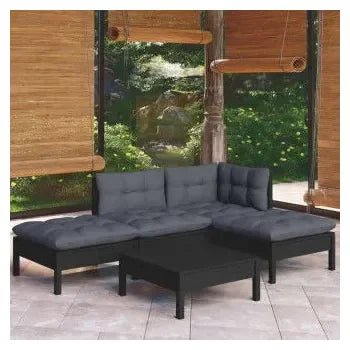 Conjunto de muebles con cojines de jardín fabricado en madera de pino y tela en color negro y gris de vidaXL 2