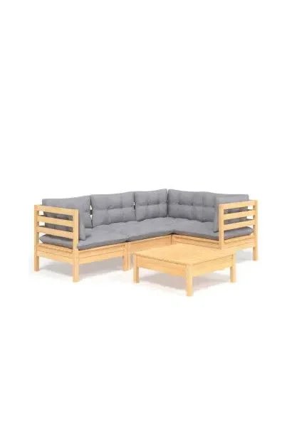Juego de muebles para jardín de 5 piezas con cojines y mesa color gris y madera natural de vidaXL