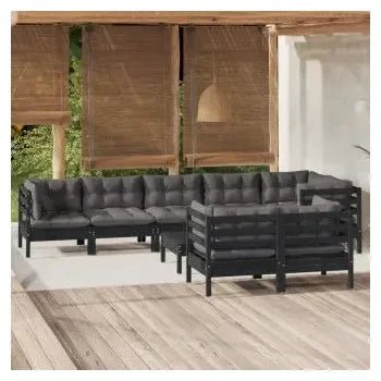 Juego de sillones para jardín de 9 piezas hecho en madera color gris oscuro y cojines color negro de vidaXL 2