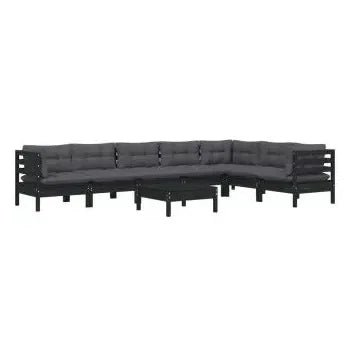 Juego de muebles para jardín de 8 piezas con cojines y mesa hecho en madera color negro de vidaXL 3