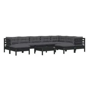 Juego de muebles para jardín de 10 piezas con cojines y mesa hecho en madera color negro de vidaXL 3