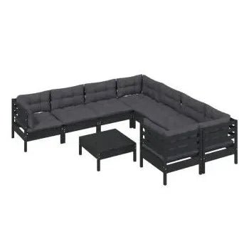 Set de muebles para exterior de 9 piezas fabricado en madera de pino con mesa y cojines color gris de vidaXL 2