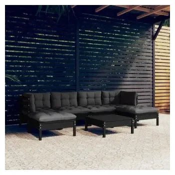 Set mobiliario para jardín de 7 piezas hecho en madera con mesa color negro y cojines color gris de vidaXL 2