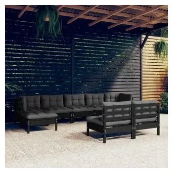 Set muebles para jardín de 9 piezas hecho en madera con reposapiés color negro y cojines color gris de vidaXL 2