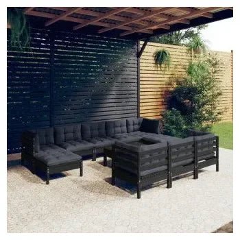 Set de 11 piezas de sillones y mesa para jardín hecho en madera color negro y cojines color gris de vidaXL 2