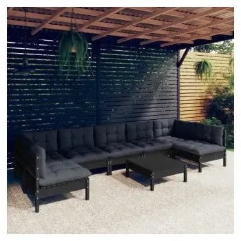 Juego de muebles para jardín de 8 piezas fabricado en madera maciza de pino color negro y cojines de vidaXL 2