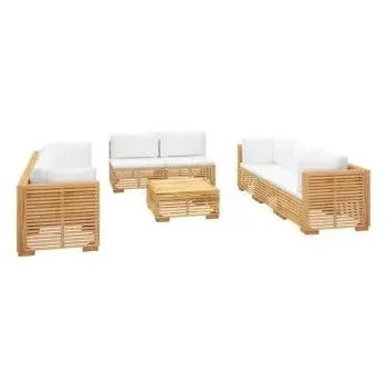 Juego de muebles de jardín con mesa hecho de madera maciza de teca y cojines de poliéster blanco de vidaXL 3