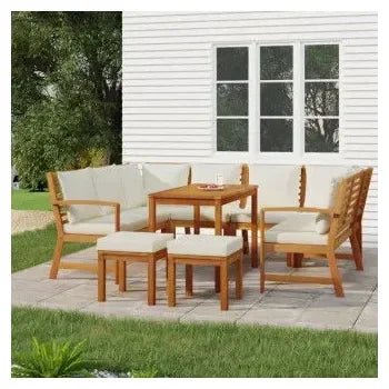 Juego comedor de jardín de 9 piezas fabricado en madera de acacia con cojines color blanco de vidaXL 2