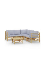 Set de sofás y mesa para jardín de 6 piezas fabricado en bambú con cojines de color gris claro de vidaXL