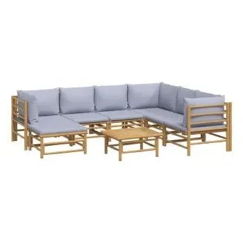 Set de sofás y mesa para jardín de 8 piezas fabricado en bambú con cojines de color gris claro de vidaXL 3