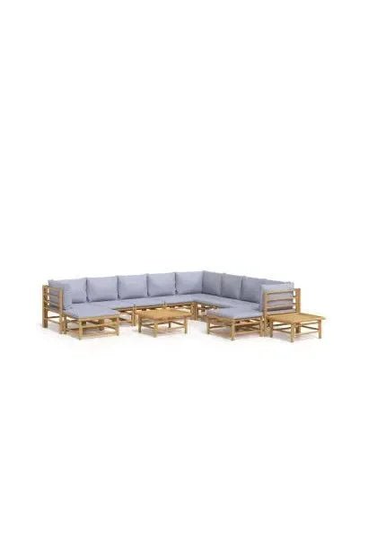 Set de sofás y mesa para jardín de 12 piezas fabricado en bambú con cojines de color gris claro de vidaXL