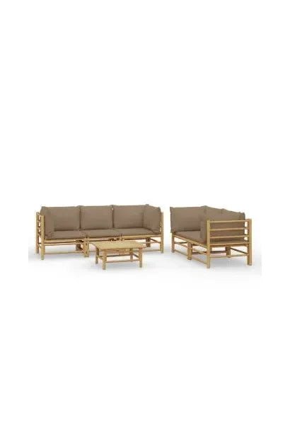 Set de sofás y mesa para jardín de 5 piezas fabricado en bambú con cojines de color gris topo de vidaXL