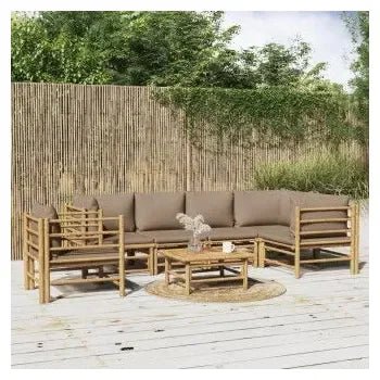 Juego de sofás y mesa para jardín de 7 piezas fabricado en bambú con cojines de color gris topo de vidaXL 2