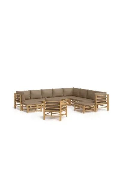 Set de sofás y mesa para jardín de 12 piezas fabricado en bambú con cojines de color gris topo de vidaXL