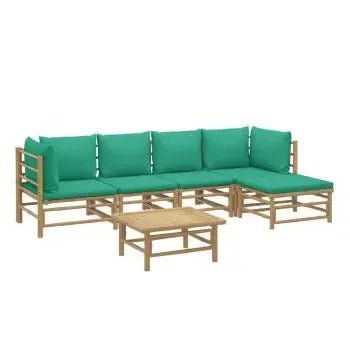 Set de sofás con reposapiés y mesa para jardín de 6 piezas de madera con cojines de color verde de vidaXL 3