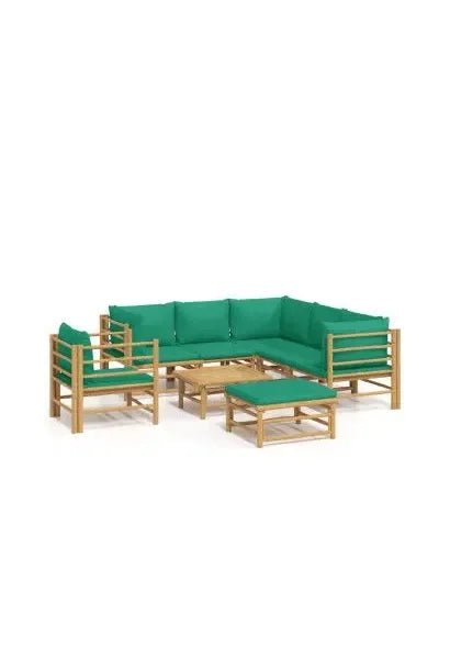 Set de sofás y silla para jardín de 8 piezas fabricado en bambú con cojines de color verde de vidaXL