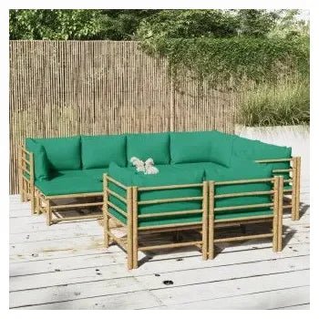 Set de sofás y reposapiés para jardín de 10 piezas fabricado en bambú con cojines de color verde de vidaXL 2