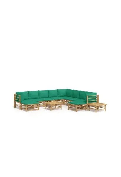Set de sofás y reposapiés para jardín de 12 piezas fabricado en bambú con cojines de color verde de vidaXL