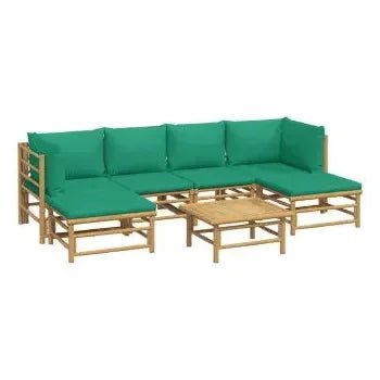 Set de sofás y reposapiés para jardín de 7 piezas fabricado en bambú con cojines de color verde de vidaXL 3