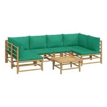 Set de sofás para jardín de 7 piezas fabricado en bambú con cojines de color verde de vidaXL 3