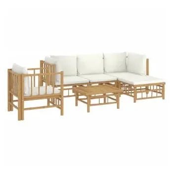 Set de sofás con reposapiés y silla para jardín de 5 piezas fabricado en bambú con cojines de color de vidaXL 3