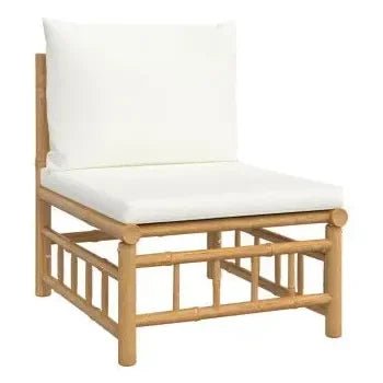 Set de sofás con reposapiés y silla para jardín de 5 piezas fabricado en bambú con cojines de color de vidaXL 5