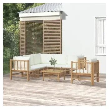 Juego de sofás y silla para jardín de 6 piezas fabricado en bambú con cojines de color blanco de vidaXL 2