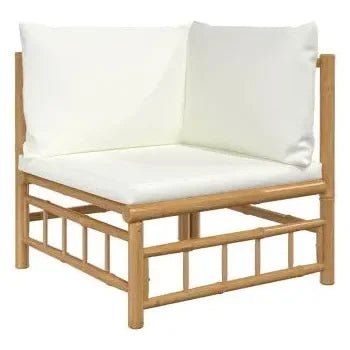 Juego de sofá y mesa para jardín de 7 piezas fabricado en bambú con cojines de color blanco de vidaXL 4