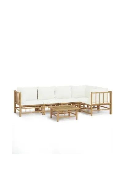 Juego de sofás y mesa para jardín de 6 piezas fabricado en bambú con cojines de color blanco de vidaXL