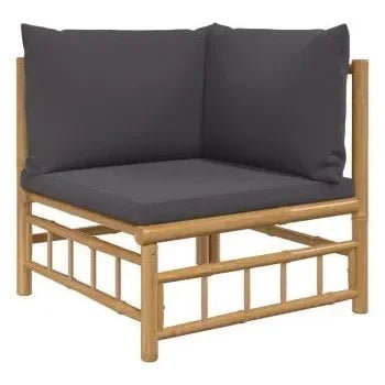 Set de sofás y reposapiés con mesa para jardín de 5 piezas fabricado en bambú con cojines Grises de vidaXL 4